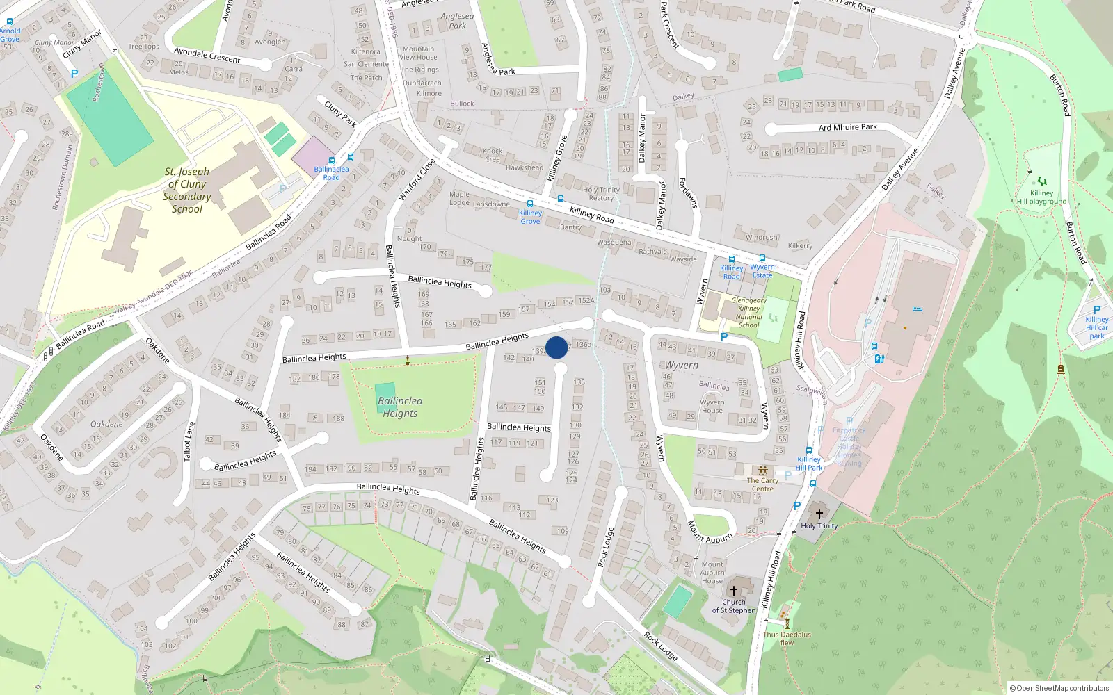 Overhead map showing the location of 138 Ballinclea Heights, Killiney