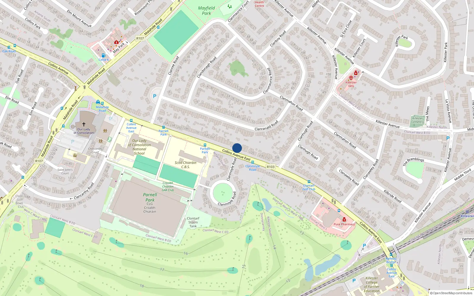 Overhead map showing the location of 138 Collins Avenue East, Donnycarney, Dublin 5