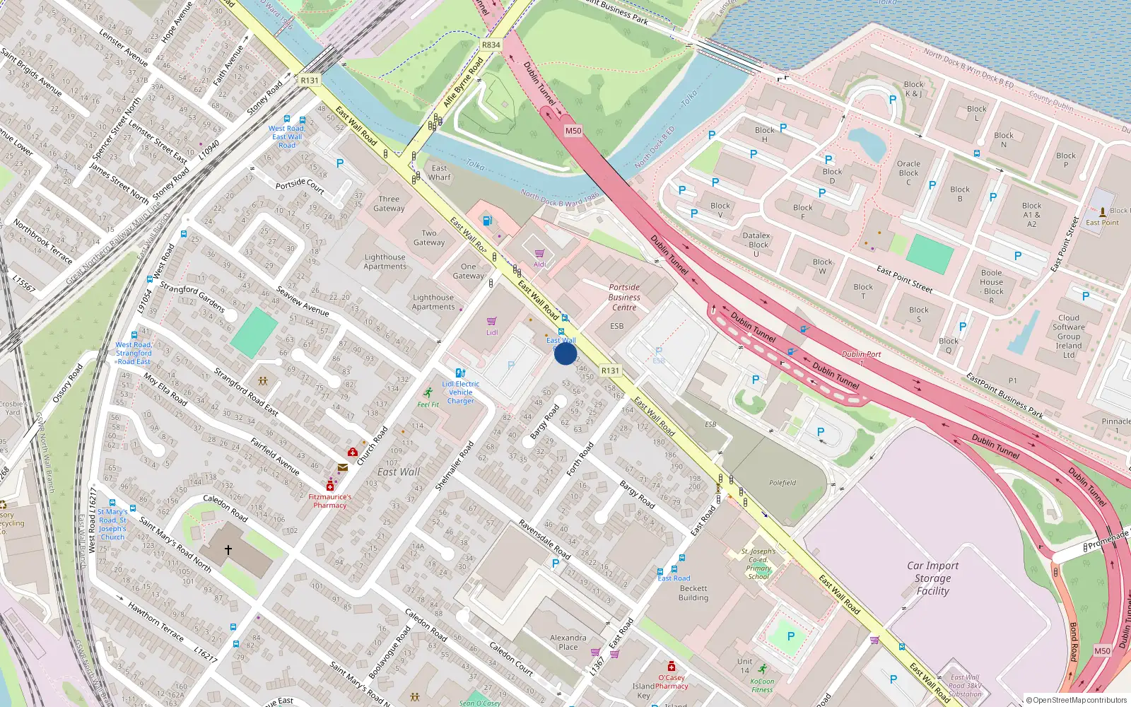Overhead map showing the location of 138 East Wall Road, Dublin