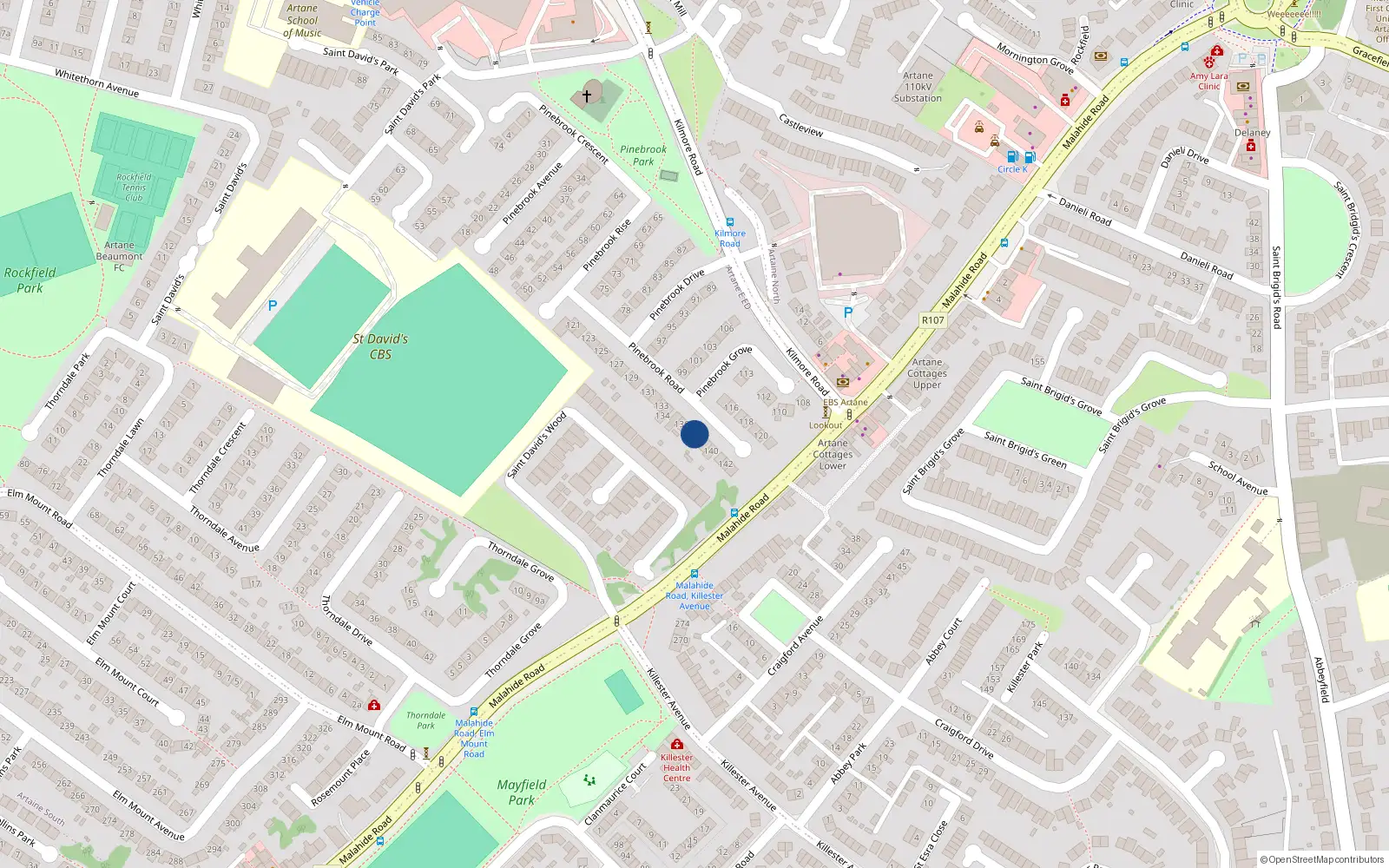 Overhead map showing the location of 138 Pinebrook Road, Dublin 5