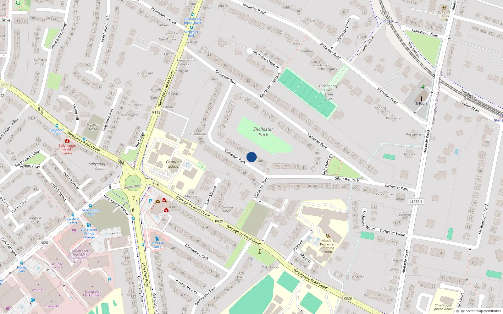 Overhead map showing the location of 138 Silchester Park, Dun Laoghaire