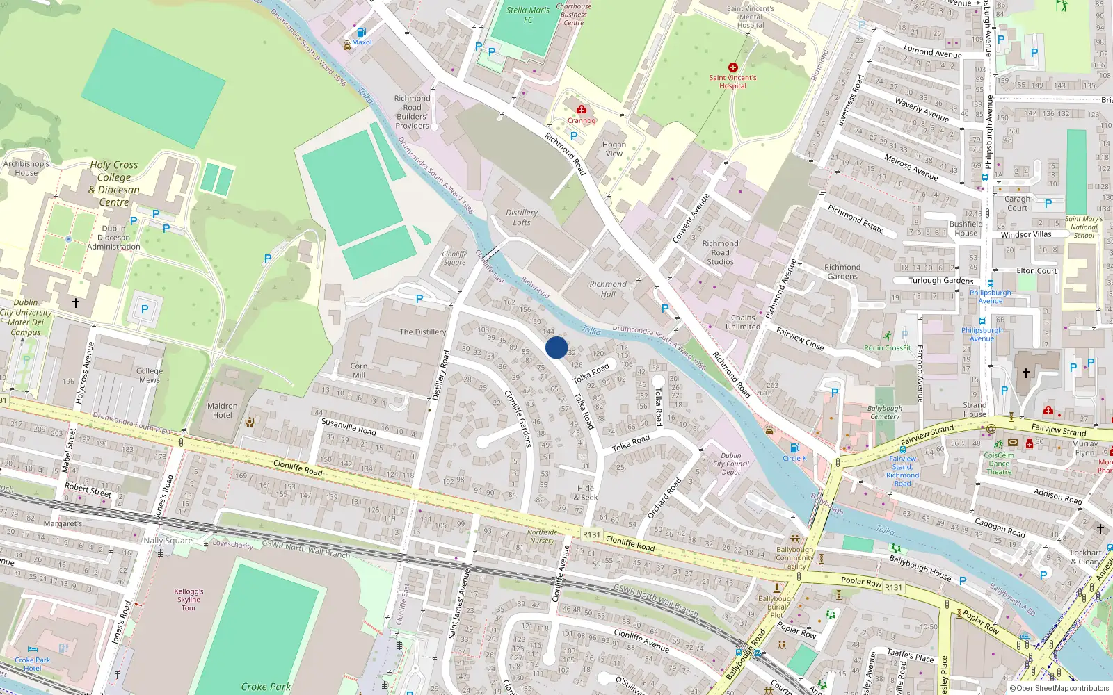 Overhead map showing the location of 138 Tolka Road, Dublin 3