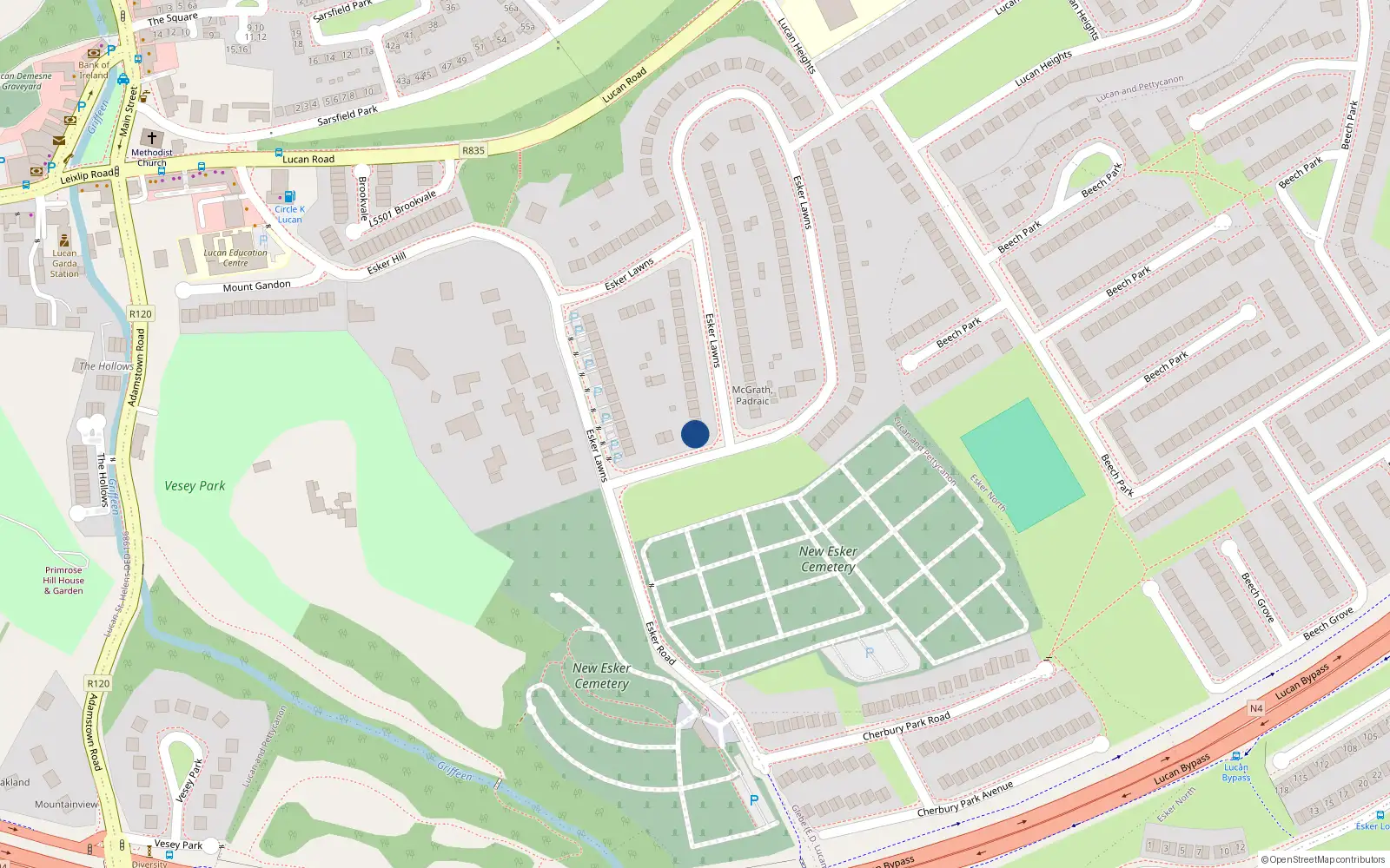 Overhead map showing the location of 139 Esker Lawns, Lucan, Dublin