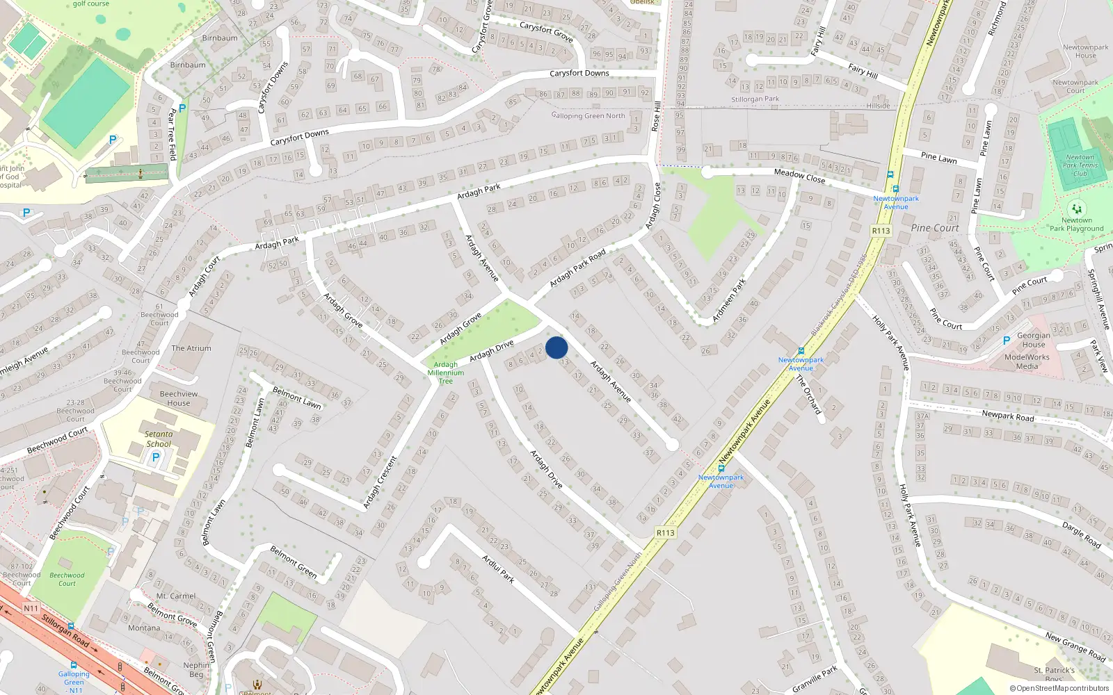 Overhead map showing the location of 13A Ardagh Avenue, Blackrock