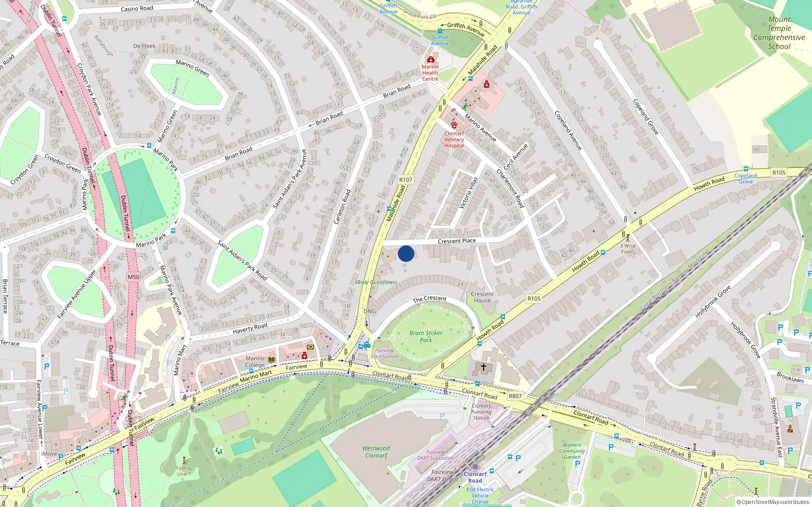Overhead map showing the location of 13A Crescent Place, Dublin 3
