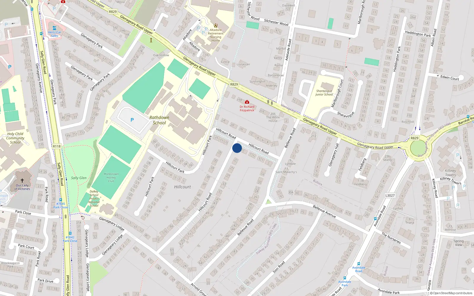 Overhead map showing the location of 13A Hillcourt Road, Dublin