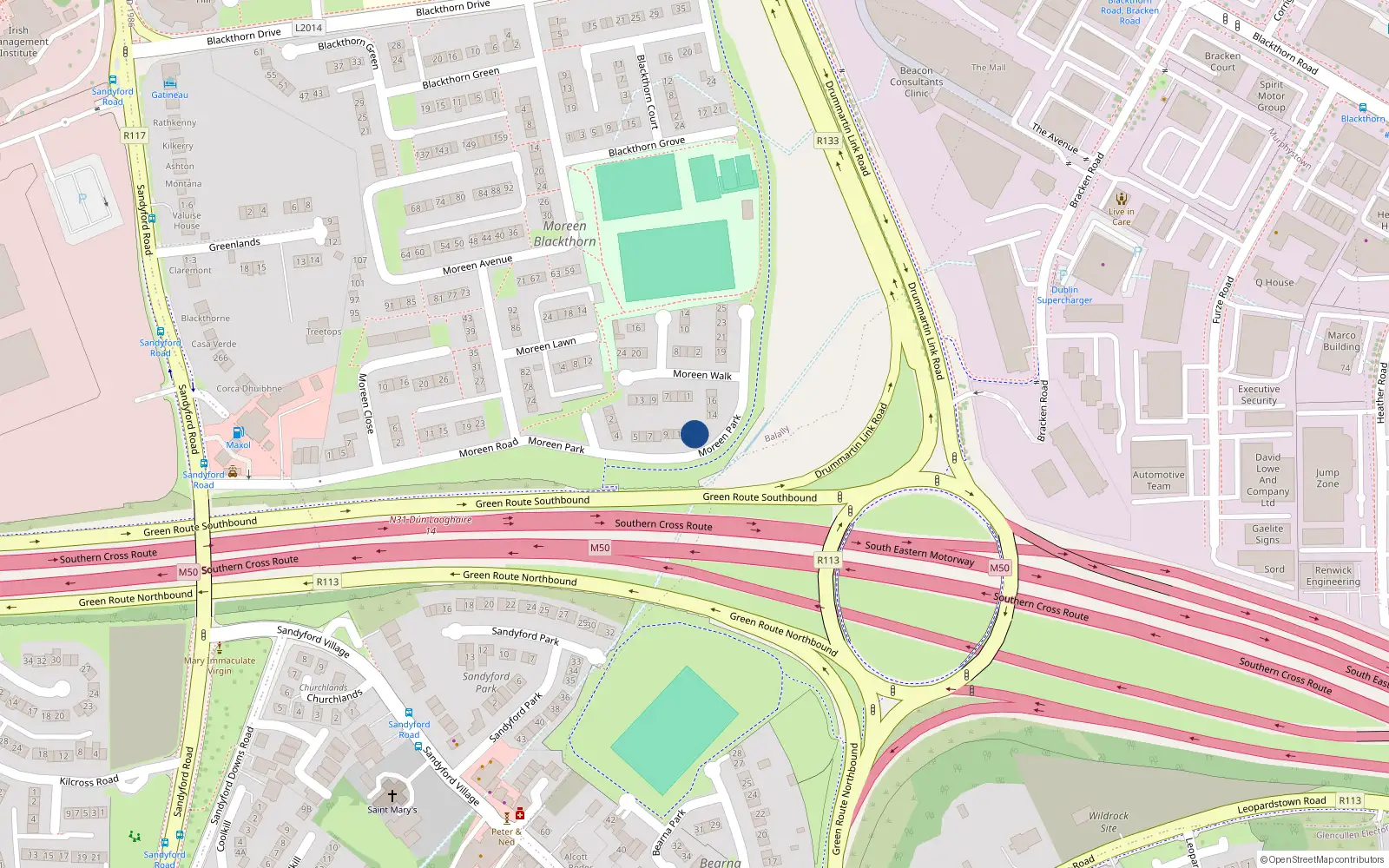 Overhead map showing the location of 13 a Moreen Park, Dublin 16
