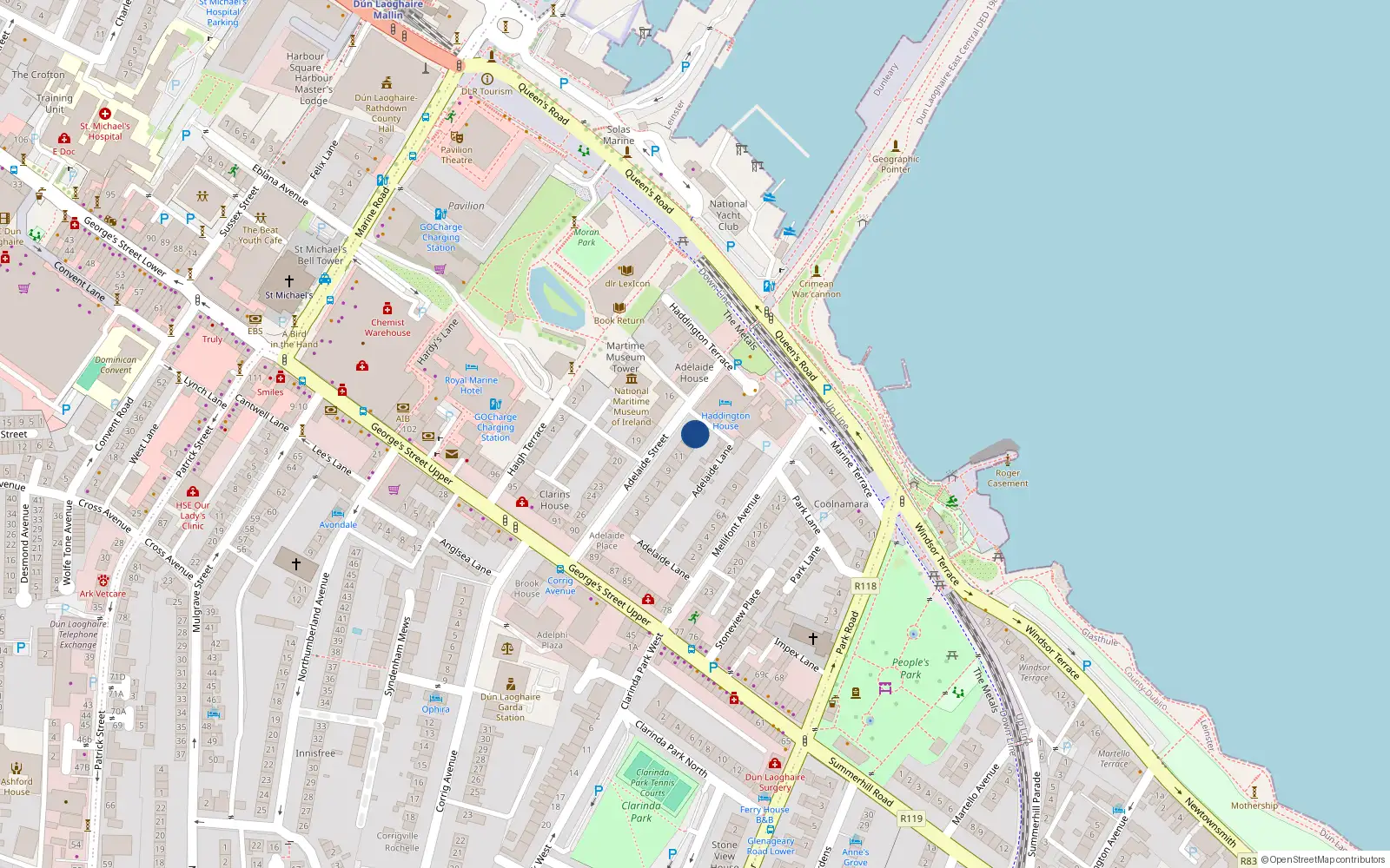 Overhead map showing the location of 14 Adelaide Street, Co. Dublin