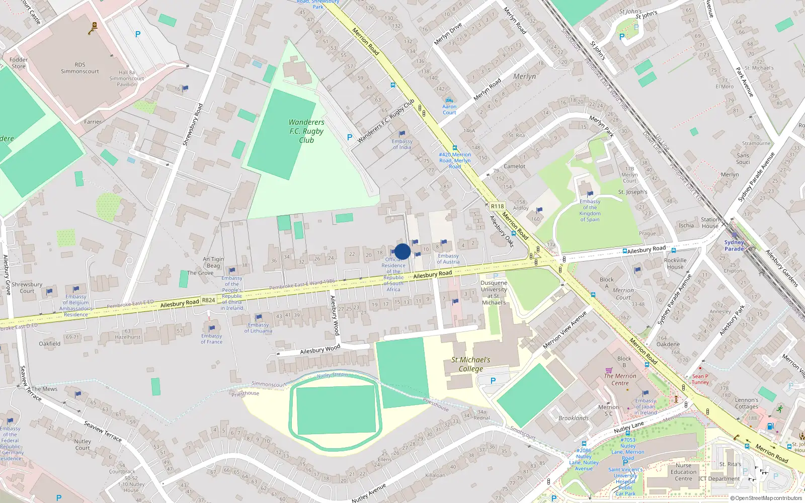 Overhead map showing the location of 14 Ailesbury Road, Simmonscourt