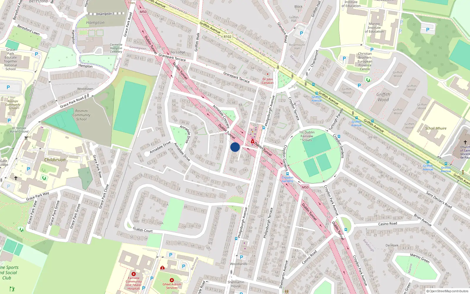 Overhead map showing the location of 14 Annadale Crescent, Dublin 9