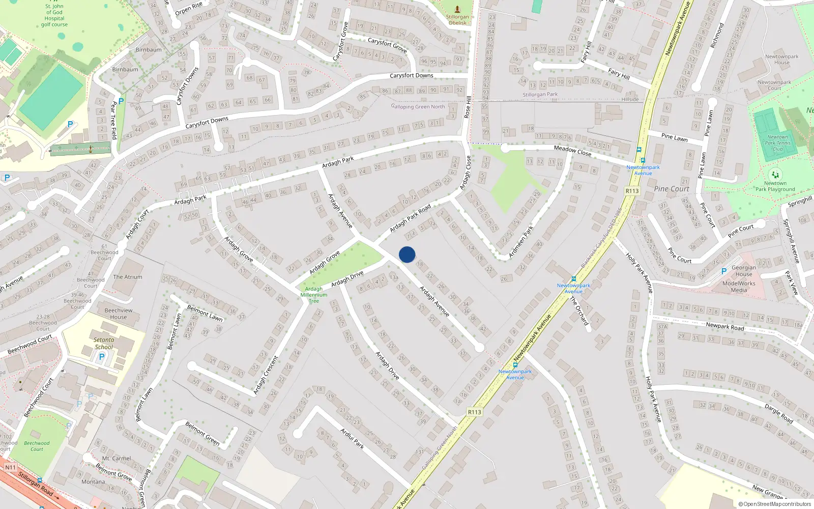 Overhead map showing the location of 14 Ardagh Avenue, Blackrock, Dublin