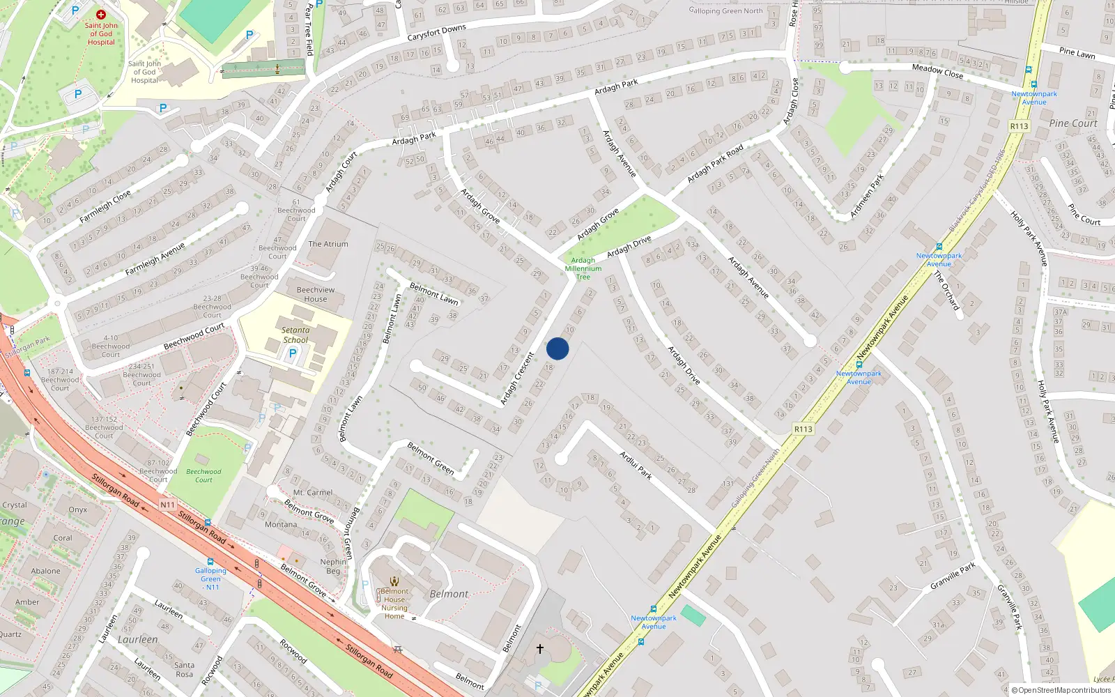 Overhead map showing the location of 14 Ardagh Crescent, Blackrock, Dublin