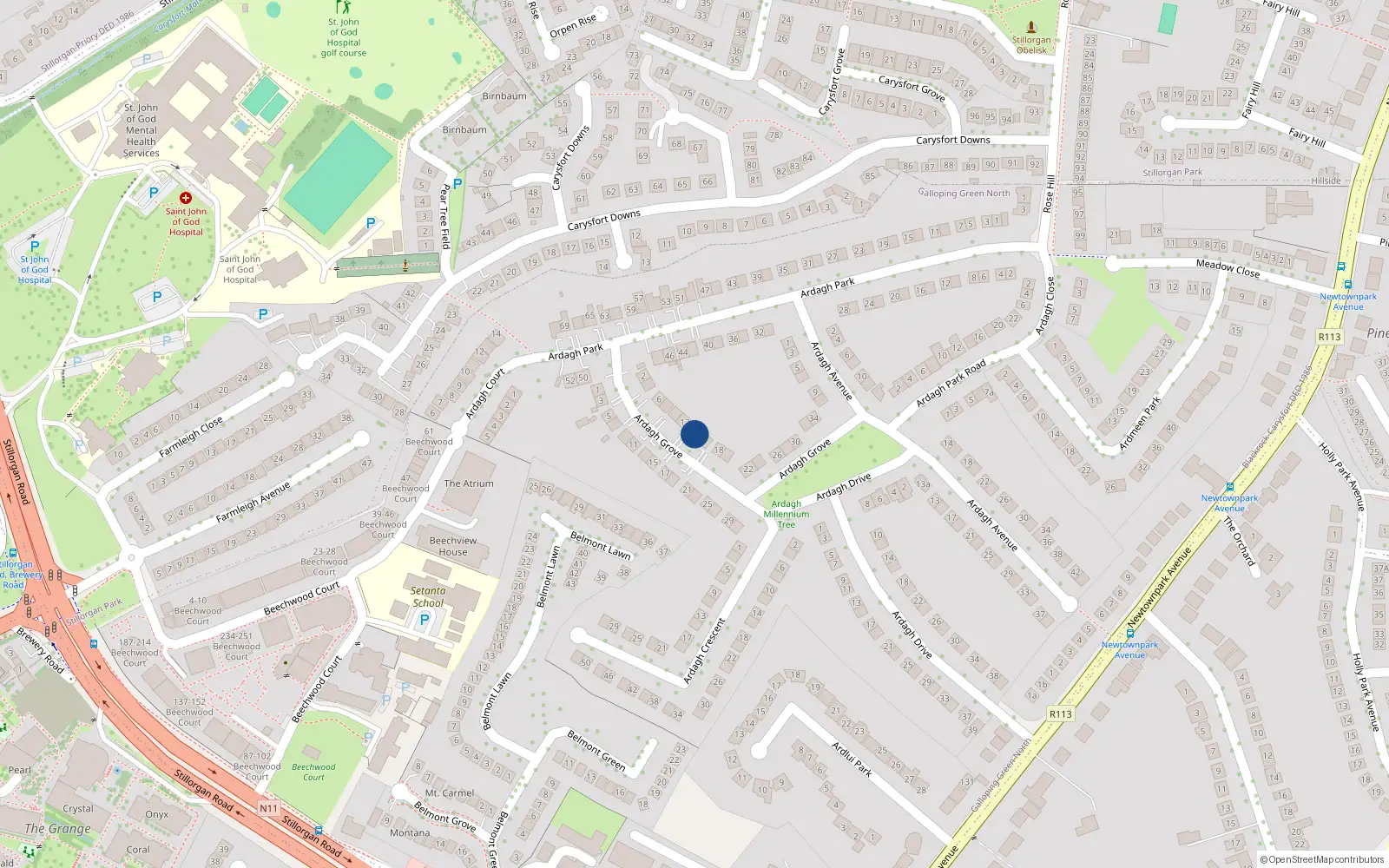 Overhead map showing the location of 14 Ardagh Grove, Blackrock, Dublin
