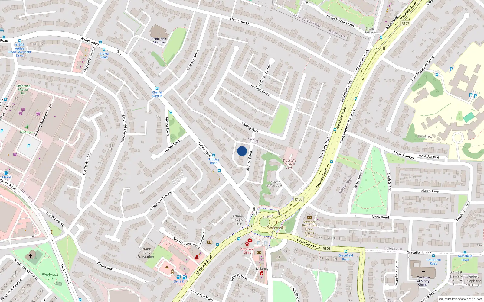 Overhead map showing the location of 14 Ardbeg Road, Artane, Dublin 5