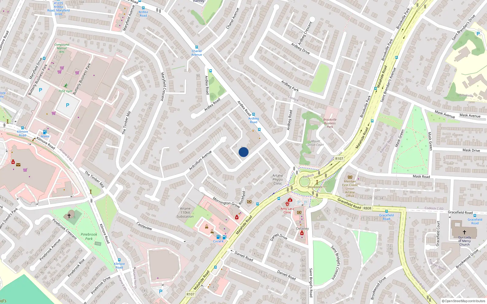Overhead map showing the location of 14 Ardcollum Avenue, Dublin 5