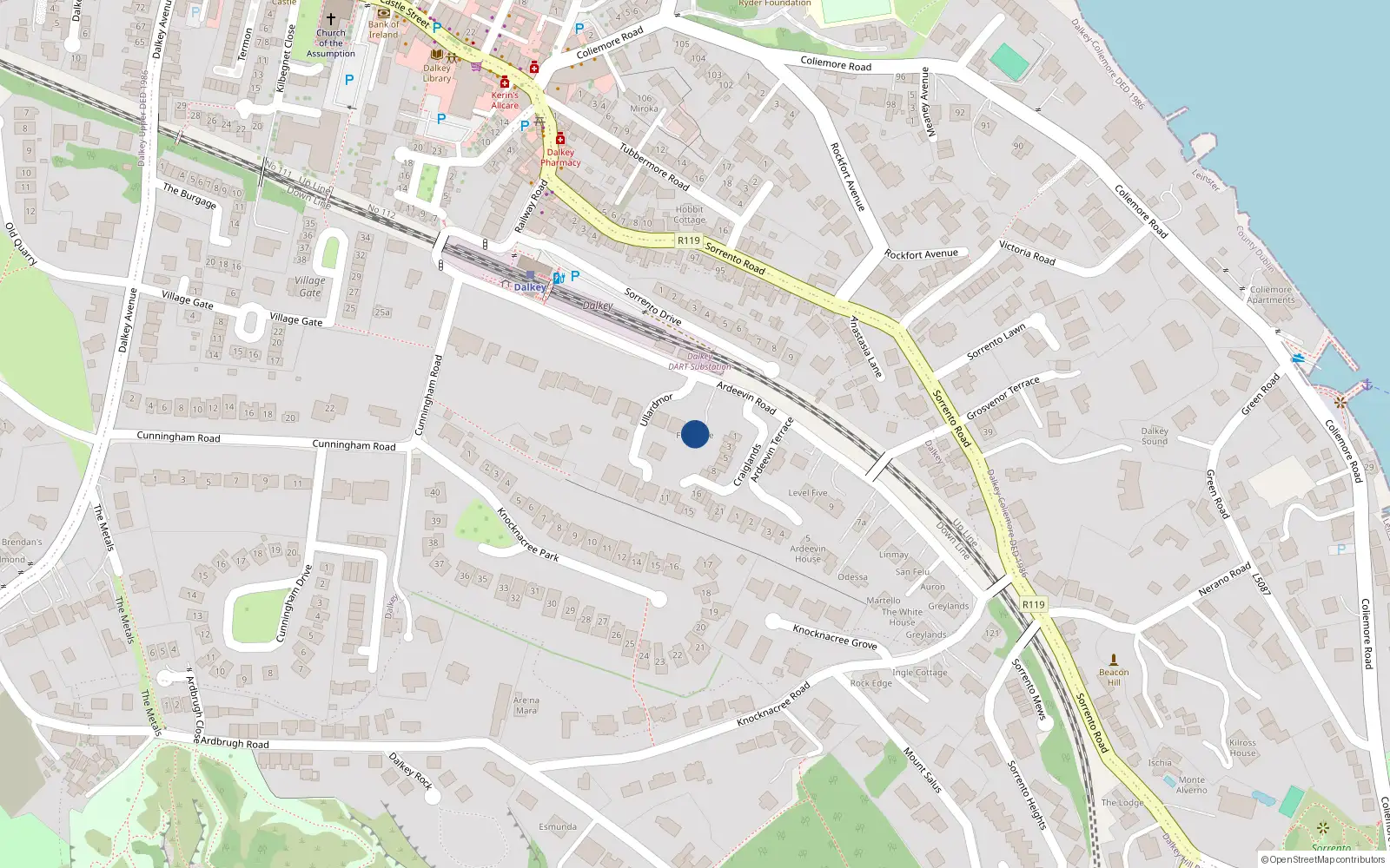 Overhead map showing the location of 14 Ardeevin Road, Dalkey