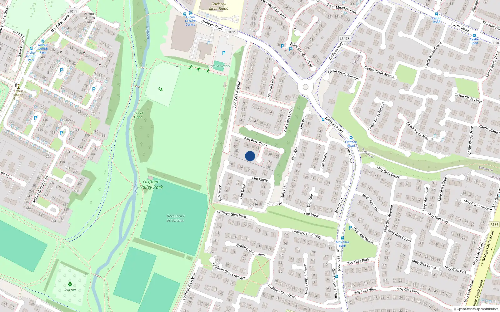 Overhead map showing the location of 14 Ashpark Court, Griffeen Road, Lucan