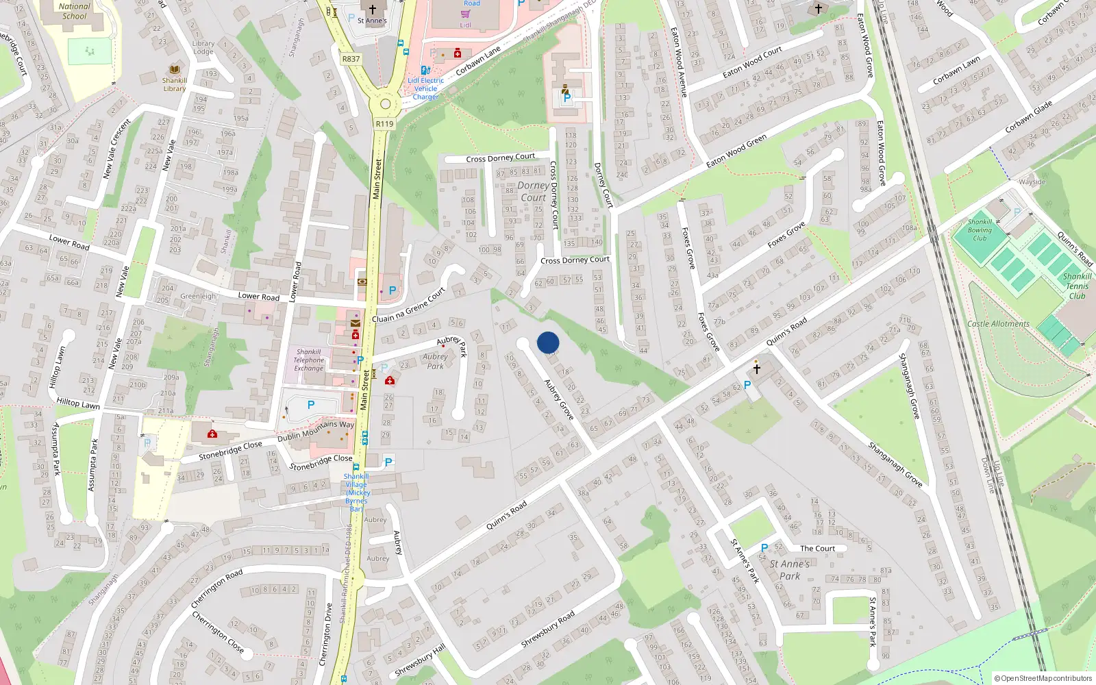 Overhead map showing the location of 14 Aubrey Grove, Shankill
