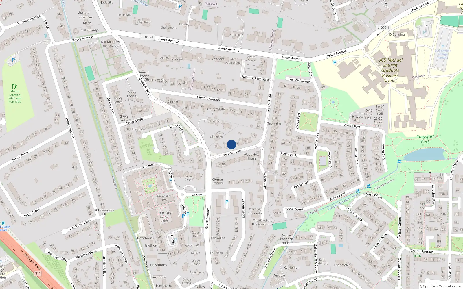 Overhead map showing the location of 14 Avoca Road, Blackrock