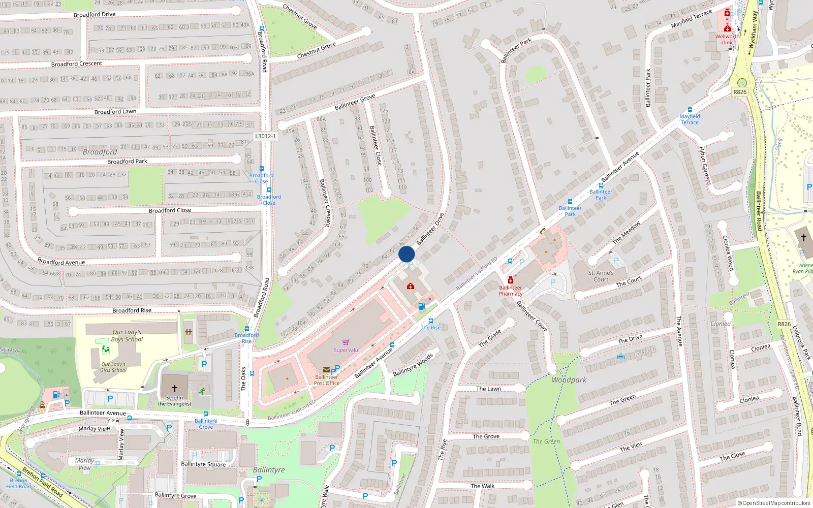Overhead map showing the location of 14 Ballinteer Drive, Ballinteer