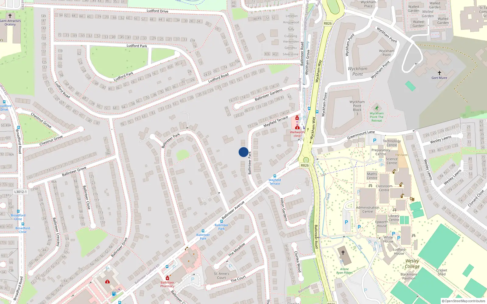 Overhead map showing the location of 14 Ballinteer Park, Dublin 16