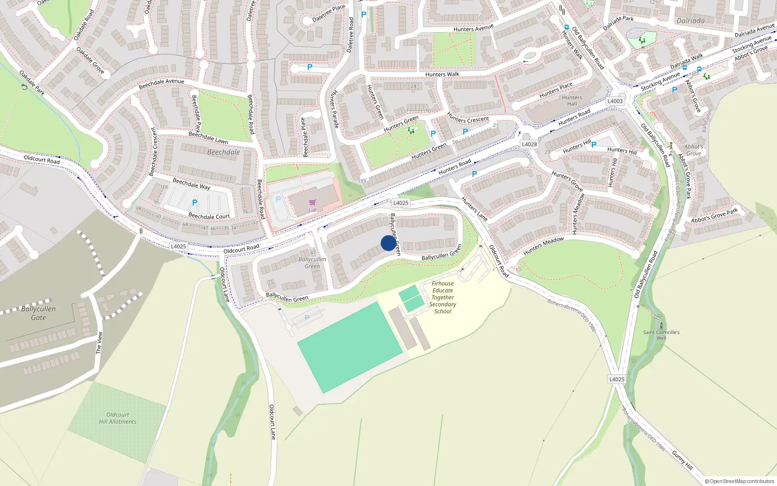 Overhead map showing the location of 14 Ballycullen Green, Dublin 24