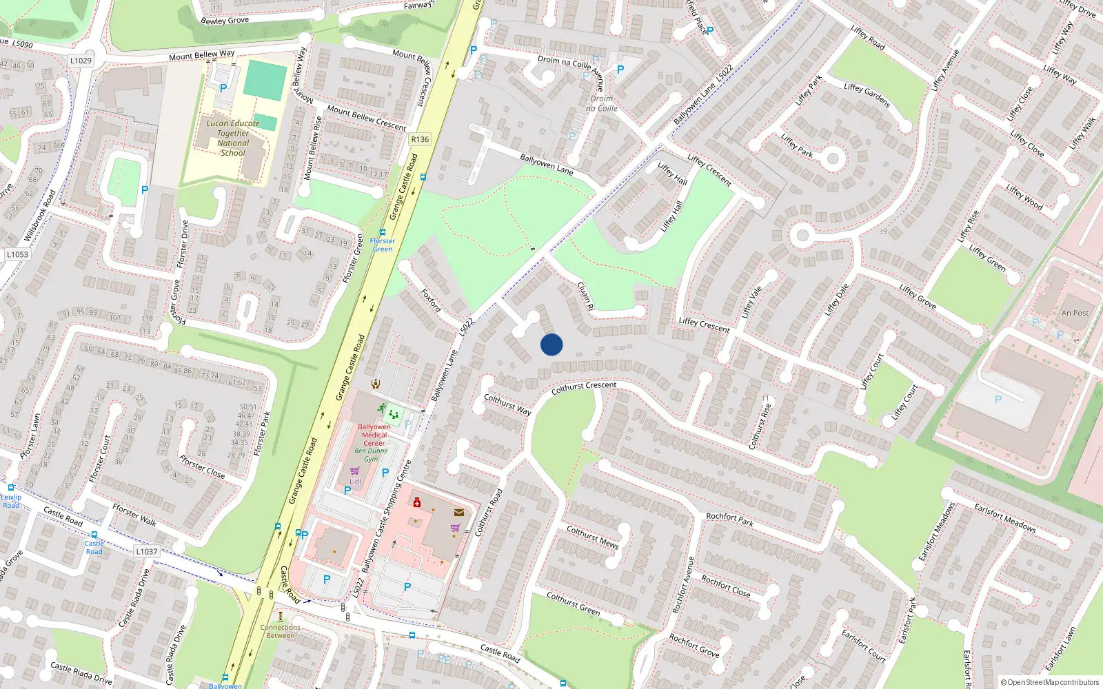 Overhead map showing the location of 14 Ballyowen Square, Lucan, Dublin