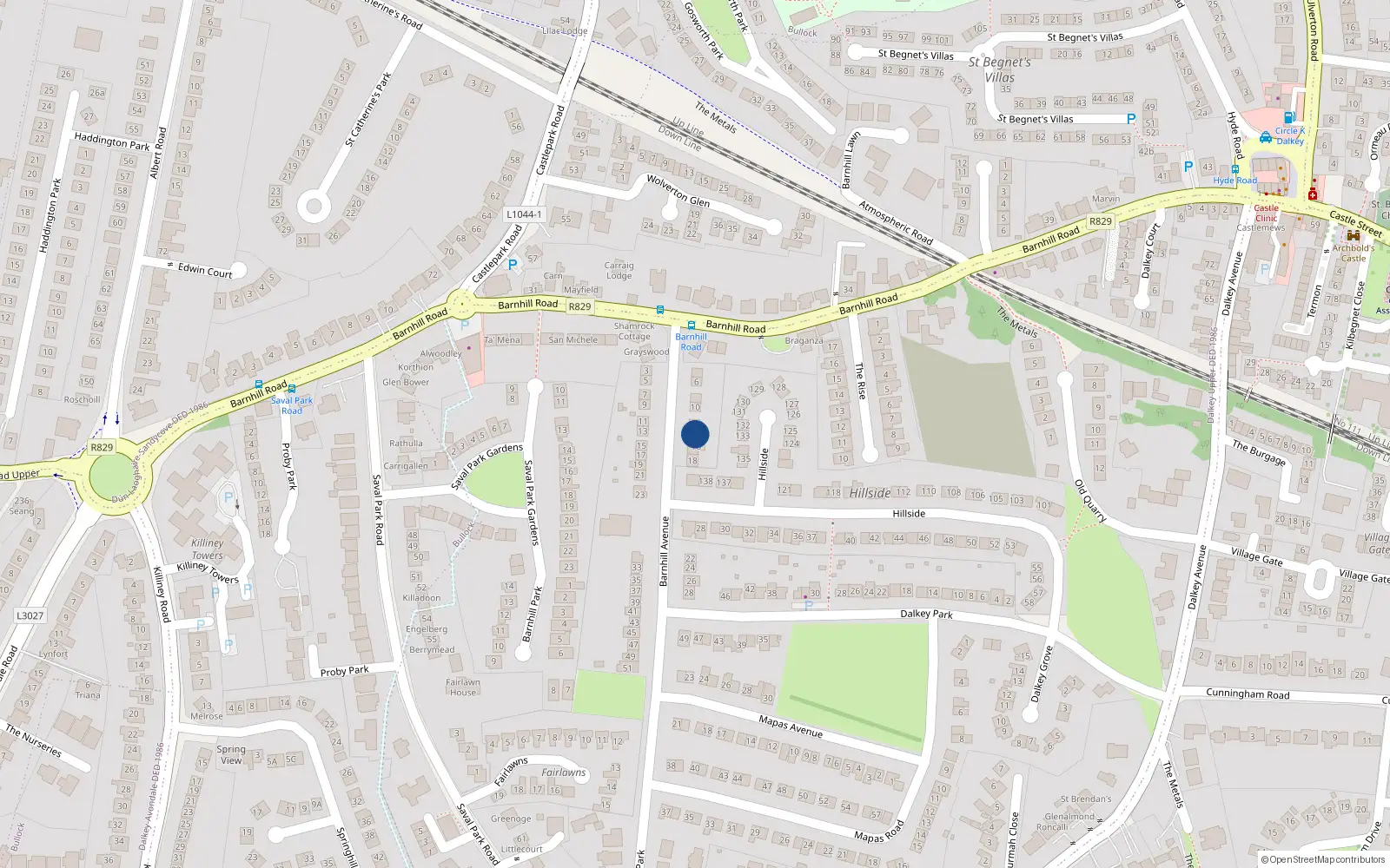 Overhead map showing the location of 14 Barnhill Avenue, Dalkey