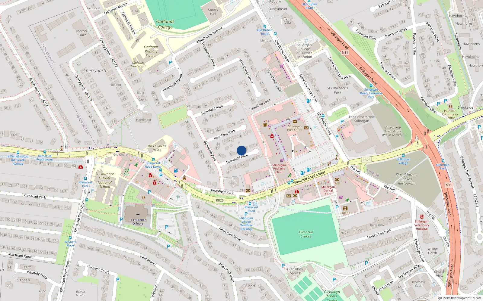 Overhead map showing the location of 14 Beaufield Park, Stillorgan, Dublin