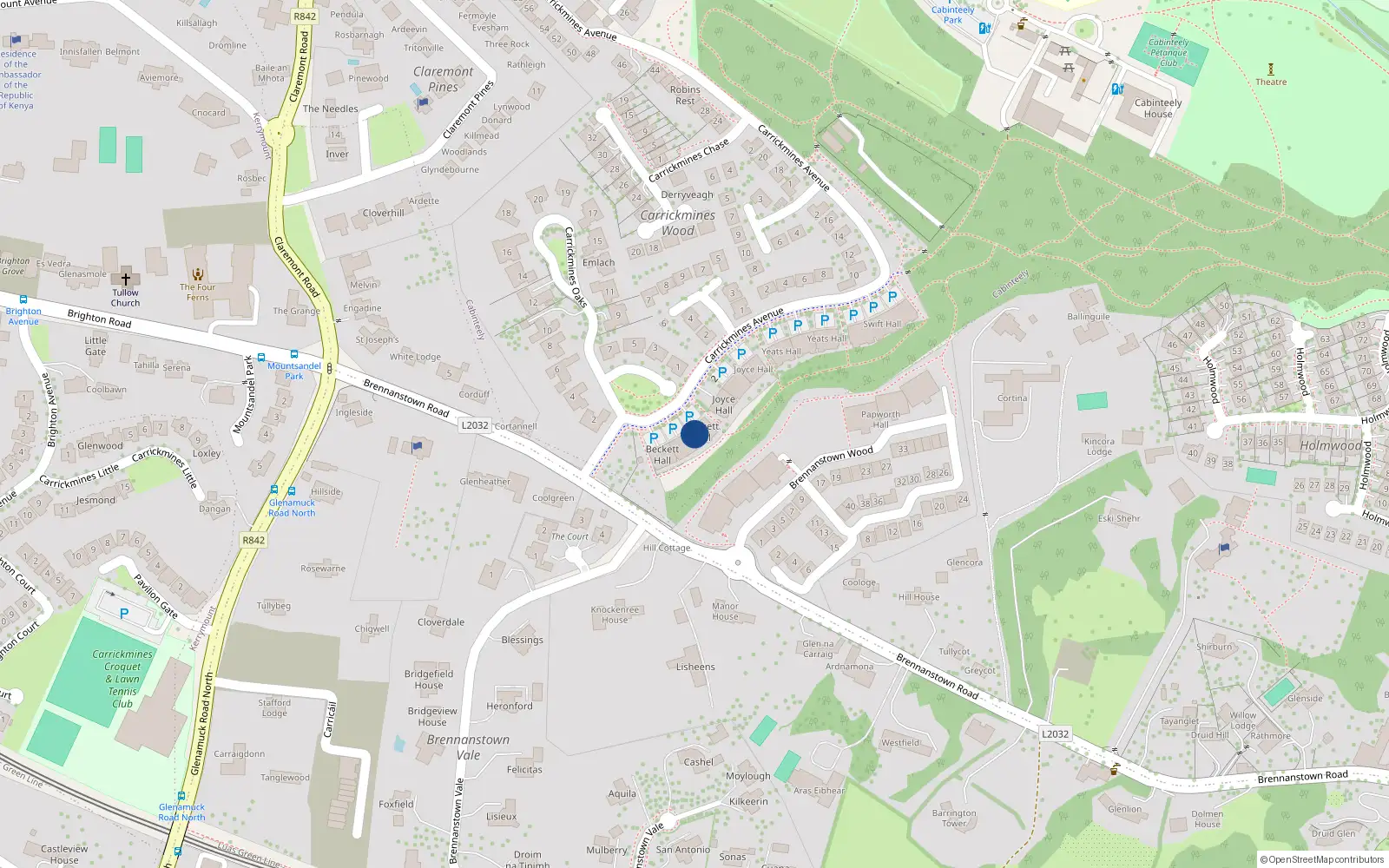 Overhead map showing the location of 14 Beckett Hall, Carrickmines Avenue, Dublin 18