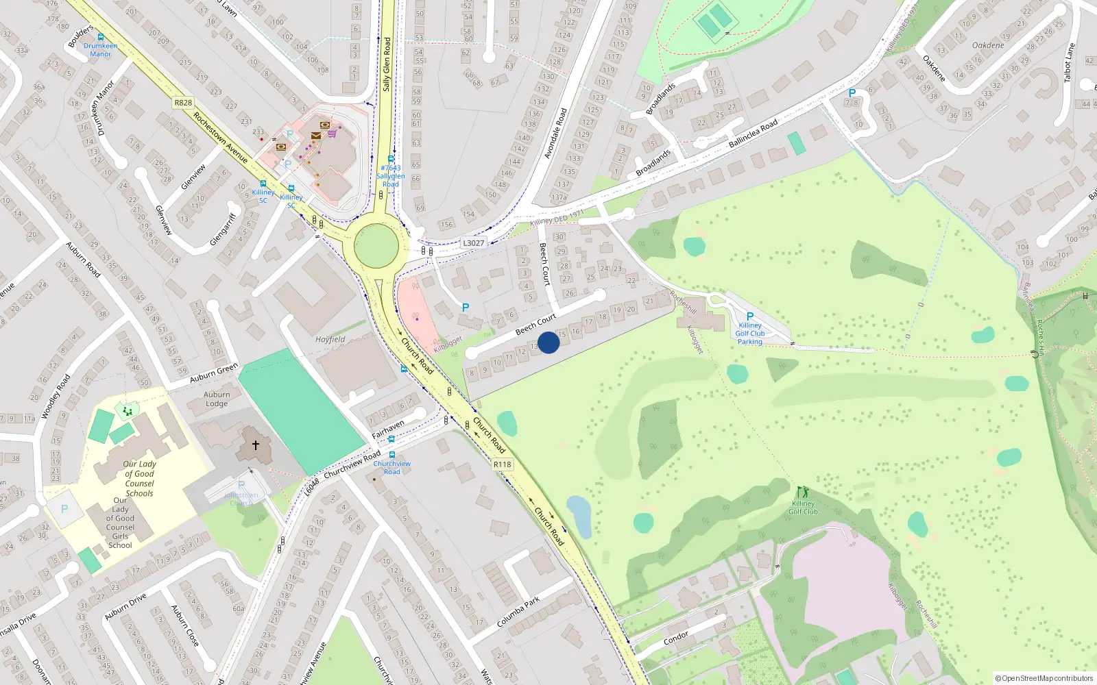 Overhead map showing the location of 14 Beech Court, Killiney