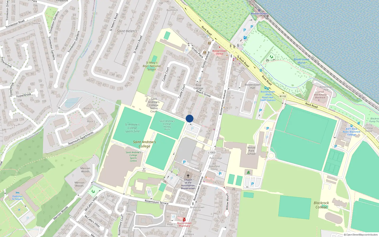 Overhead map showing the location of 14 Beech Grove, Booterstown