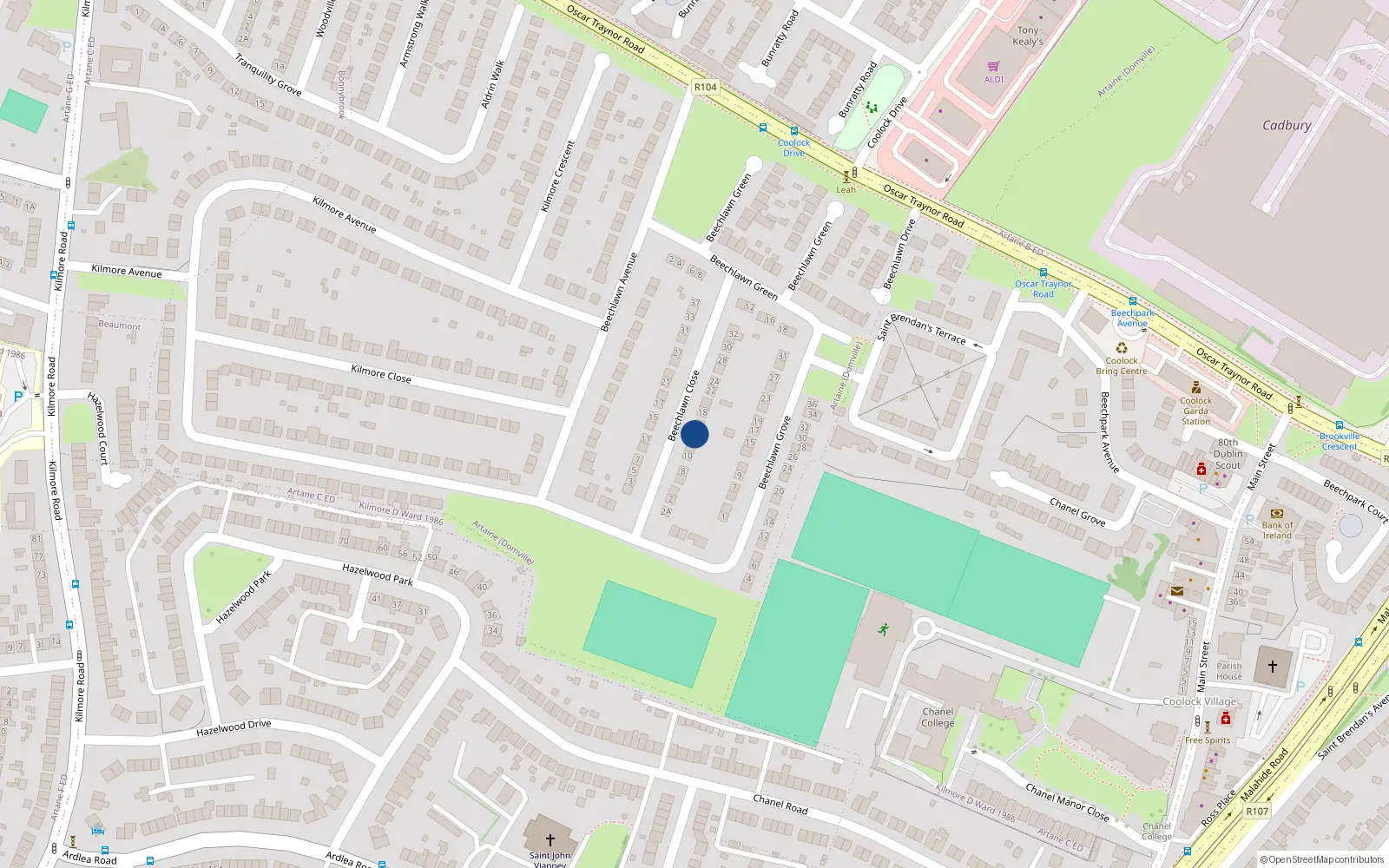 Overhead map showing the location of 14 Beechlawn Close, Woodville Estate, Dublin 5