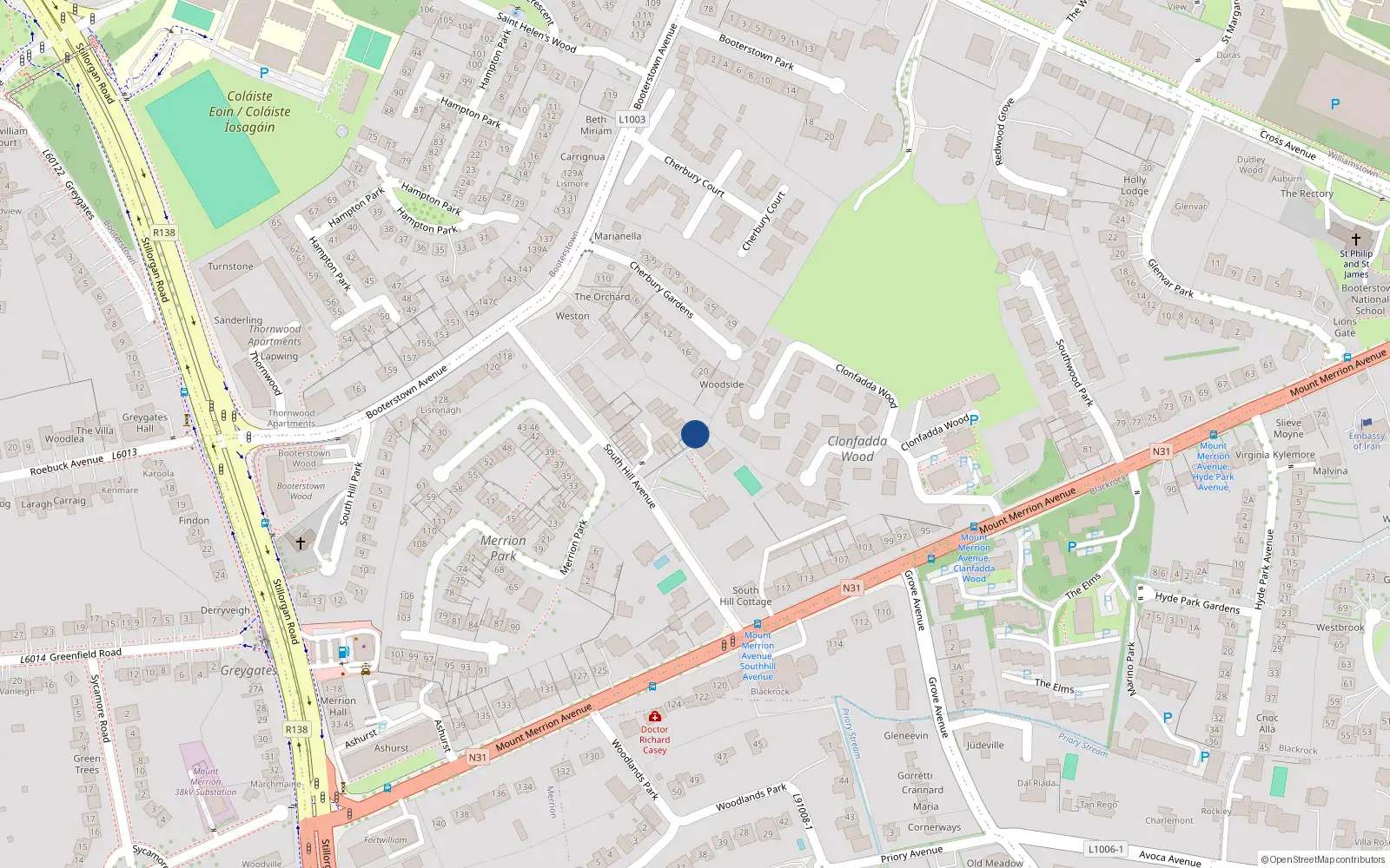 Overhead map showing the location of 14 Beechlawn, South Hill Avenue, Blackrock