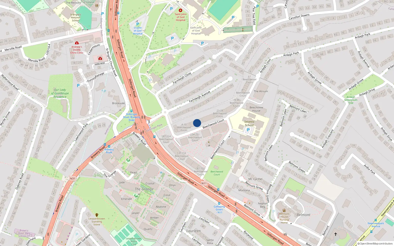 Overhead map showing the location of 14 Beechwood Court, Stillorgan, Dublin