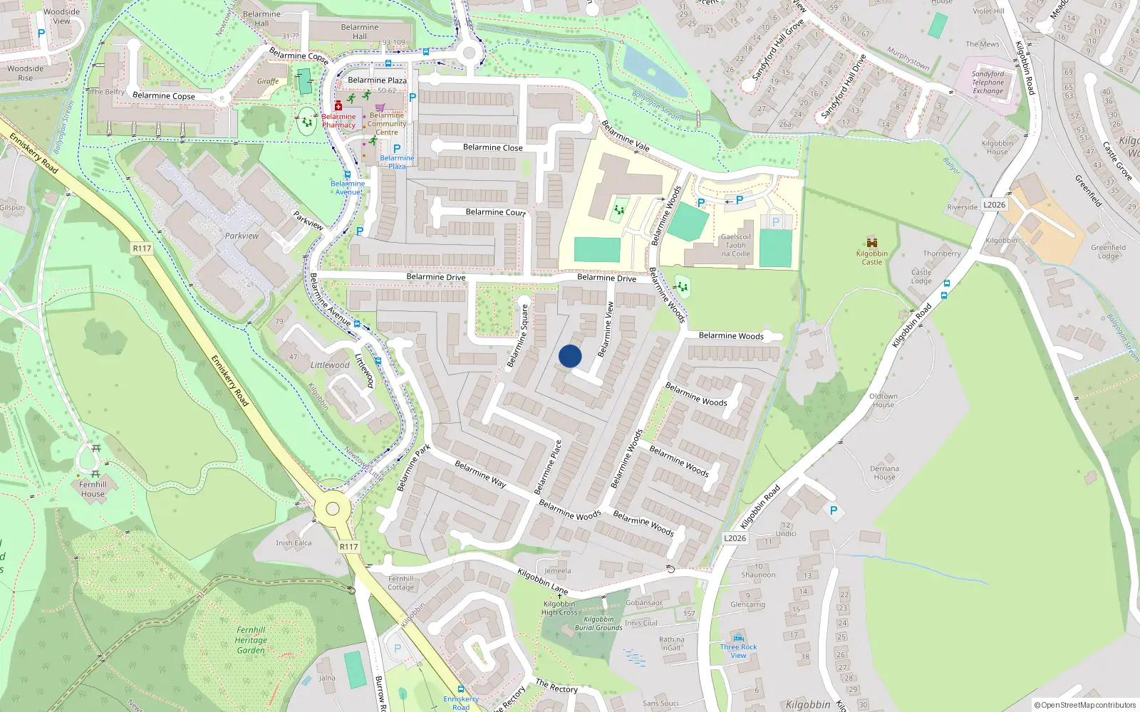 Overhead map showing the location of 14 Belarmine View, Stepaside