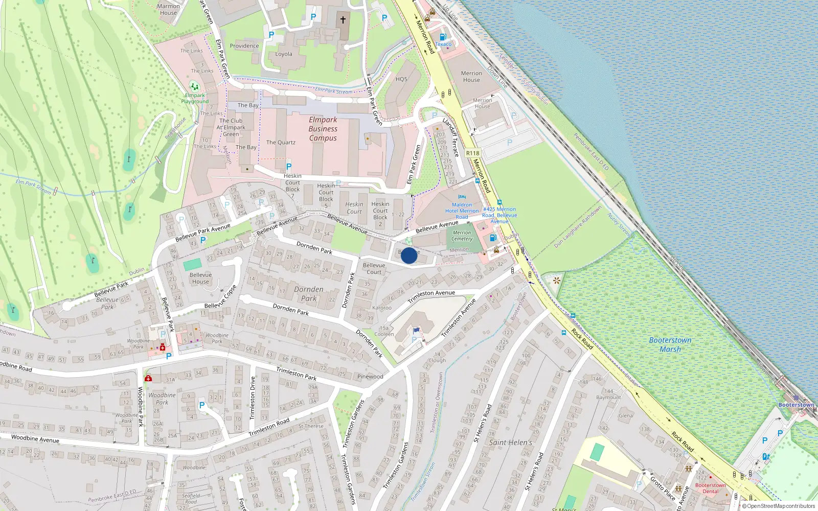 Overhead map showing the location of 14-37 Bellevue Avenue, Merrion
