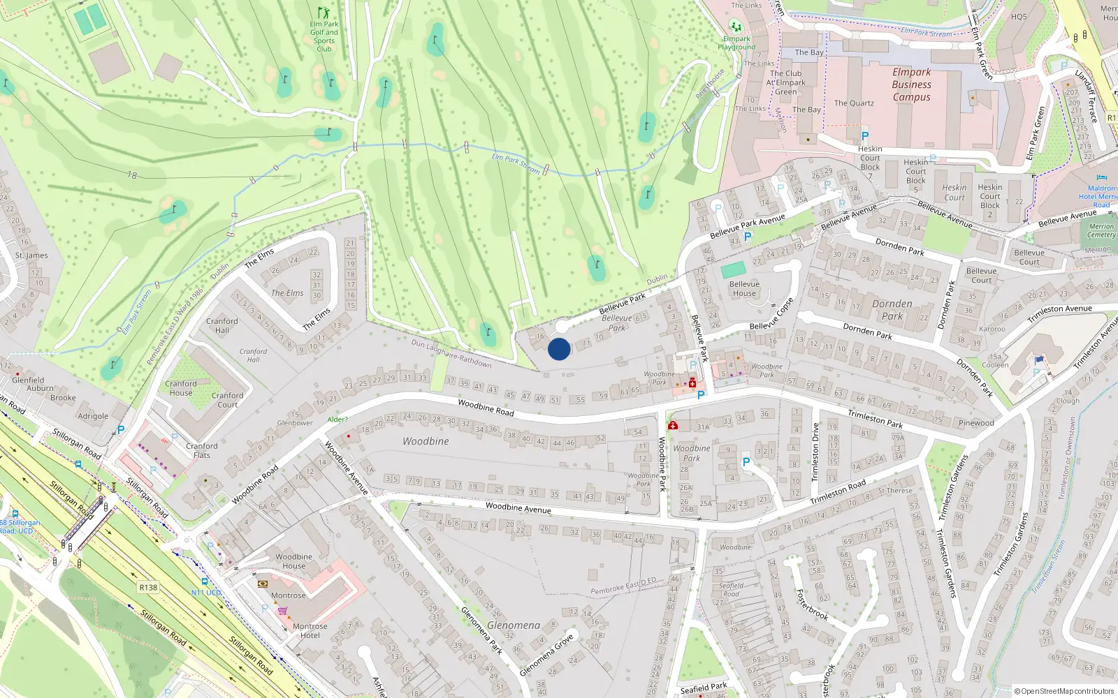 Overhead map showing the location of 14 Bellevue Park, Blackrock