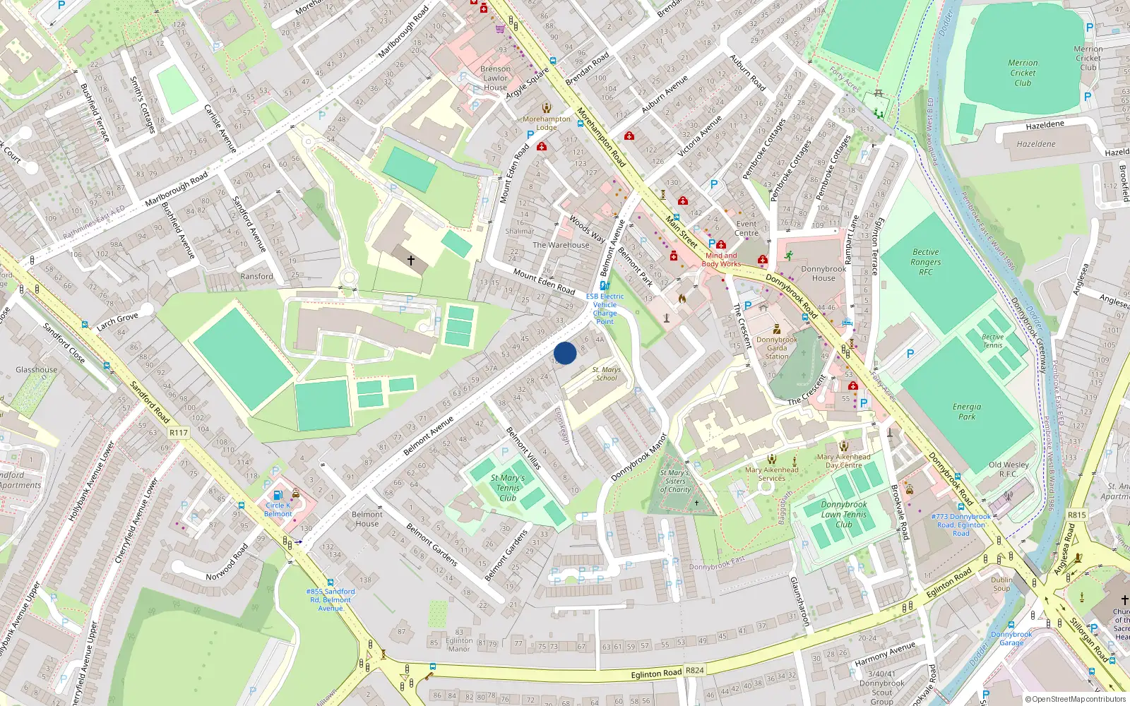 Overhead map showing the location of 14 Belmont Avenue, Donnybrook