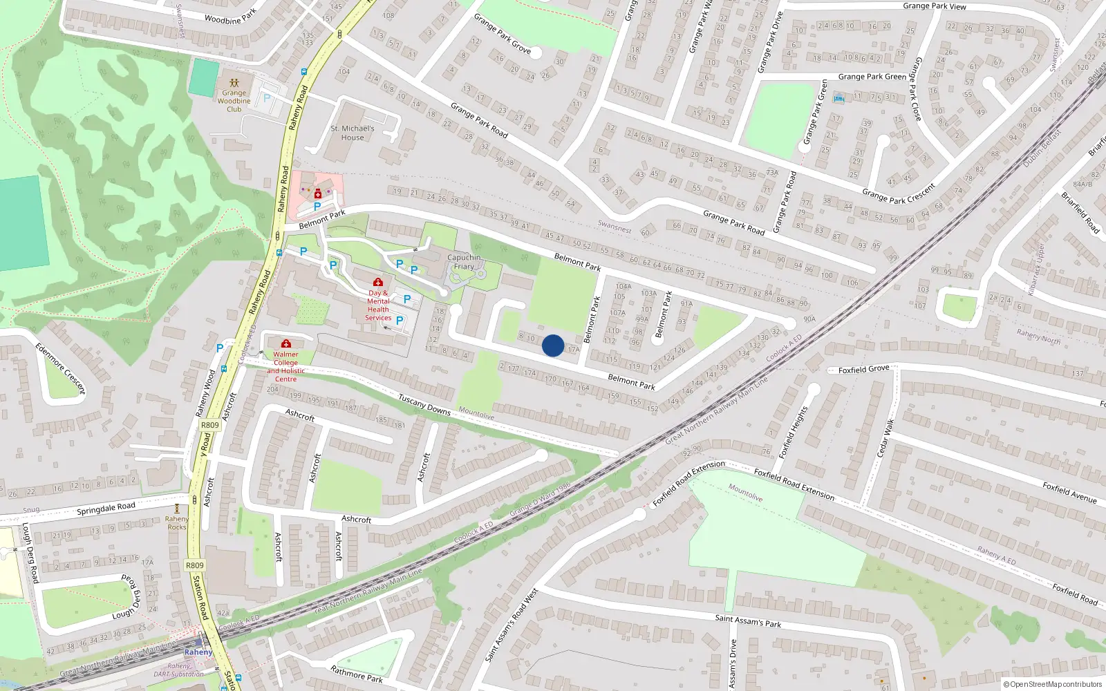 Overhead map showing the location of 14 Belmont Park, Raheny, Dublin 5