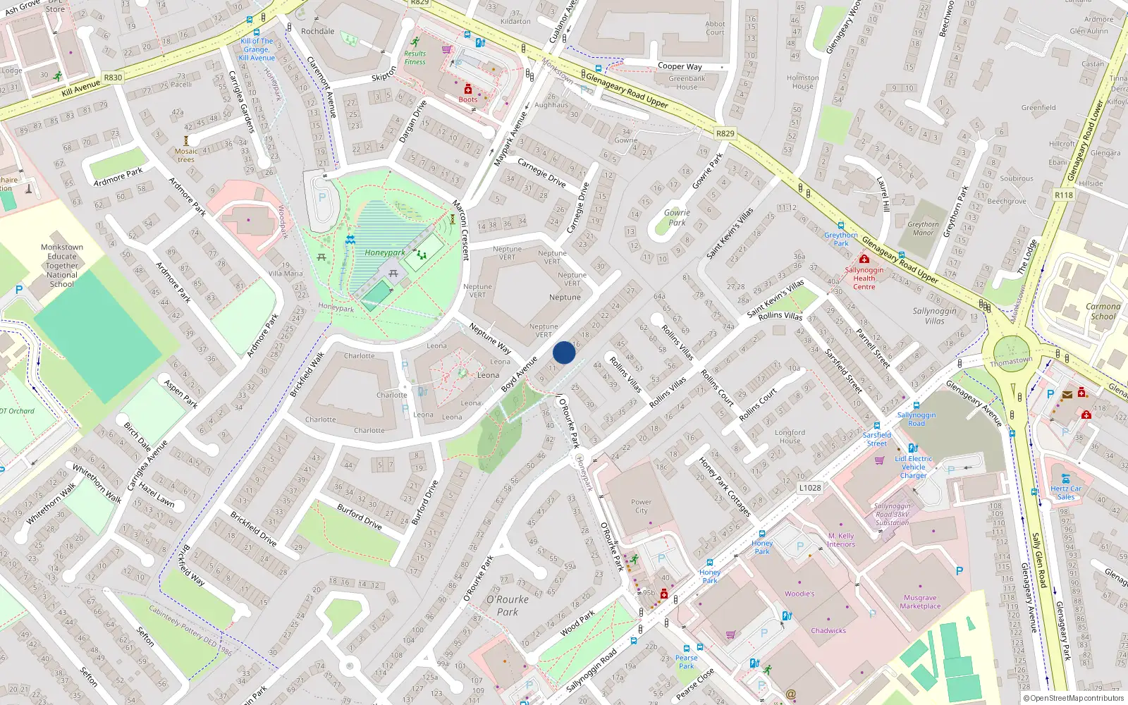 Overhead map showing the location of 14 Boyd Avenue, Dun Laoghaire