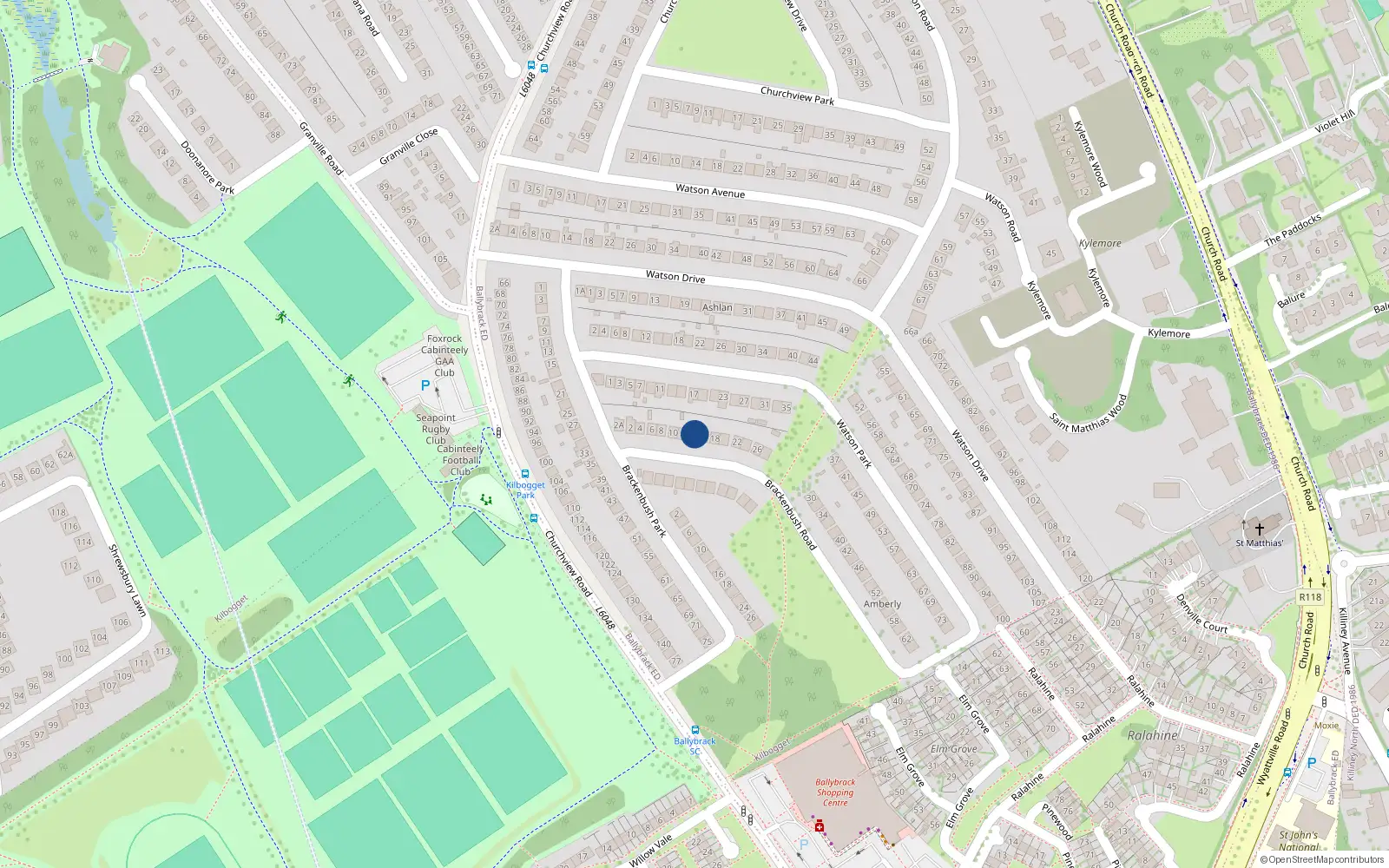 Overhead map showing the location of 14 Brackenbush Road, Killiney