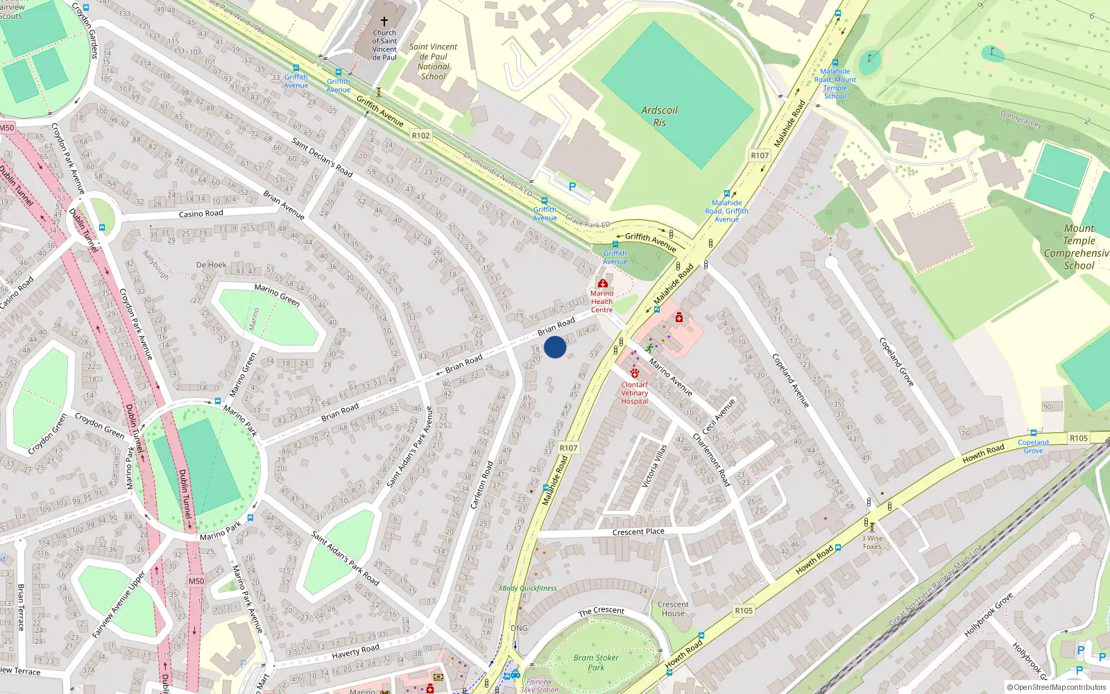 Overhead map showing the location of 14 Brian Road, Dublin 3