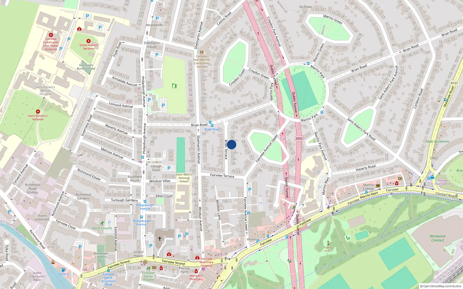 Overhead map showing the location of 14 Brian Terrace, Marino, Dublin 3