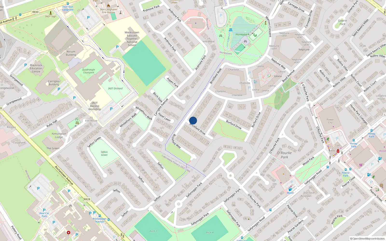 Overhead map showing the location of 14 Brickfield Drive, Dun Laoghaire