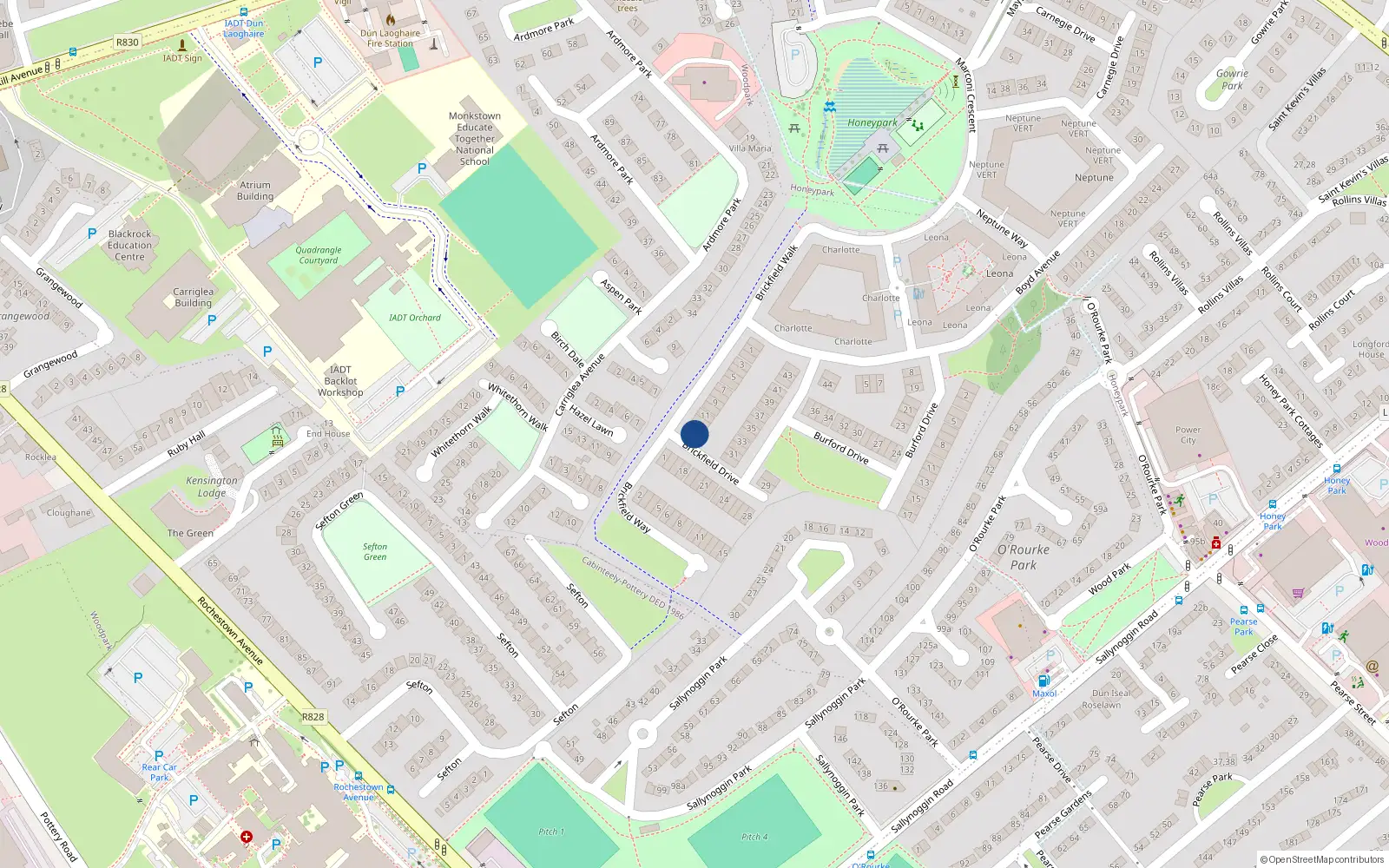 Overhead map showing the location of 14 Brickfield Drive, Honeypark, Dunlaoghaire