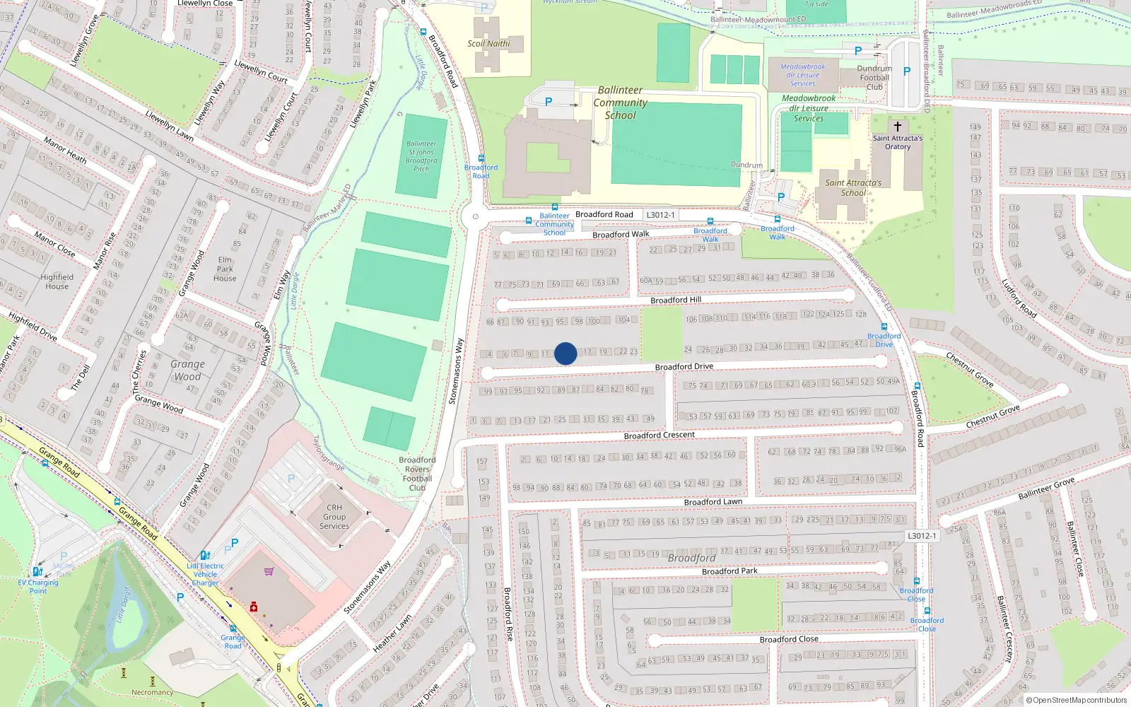 Overhead map showing the location of 14 Broadford Drive, Dublin 16