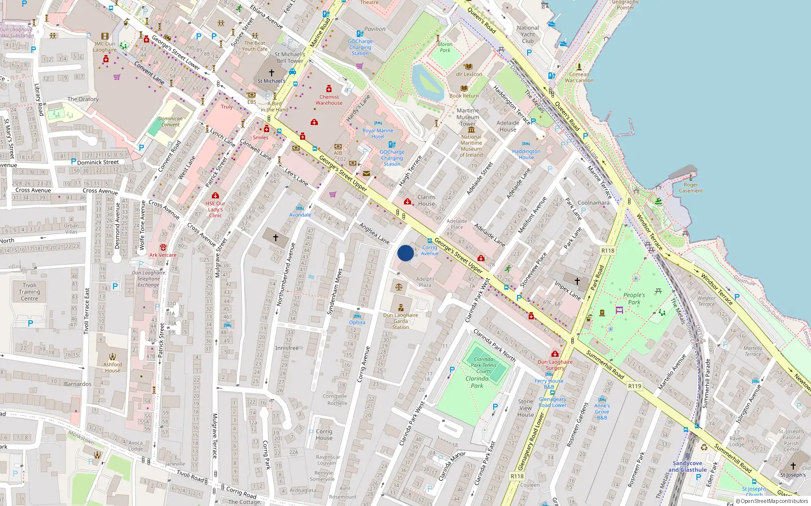 Overhead map showing the location of 14 Brook House, Corrig Avenue, Dun Laoghaire