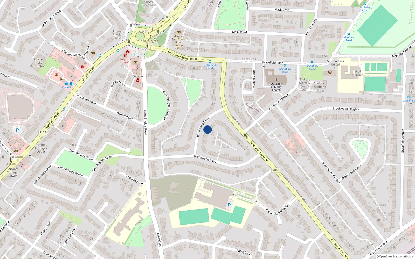 Overhead map showing the location of 14 Brookwood Drive, Artane, Dublin 5