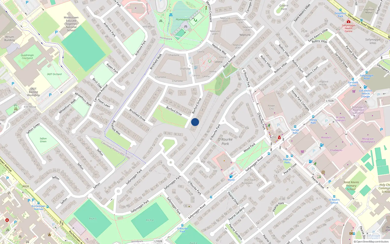Overhead map showing the location of 14 Burford Drive, Honeypark, Dun Laoghaire